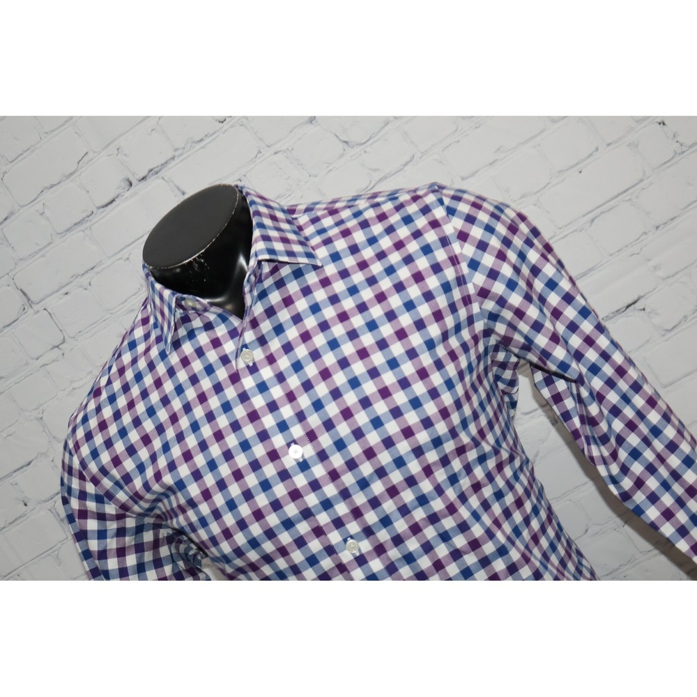 Banana Republic Dress Shirt Mens Medium Purple Blue Gingham Non-Iron Standard